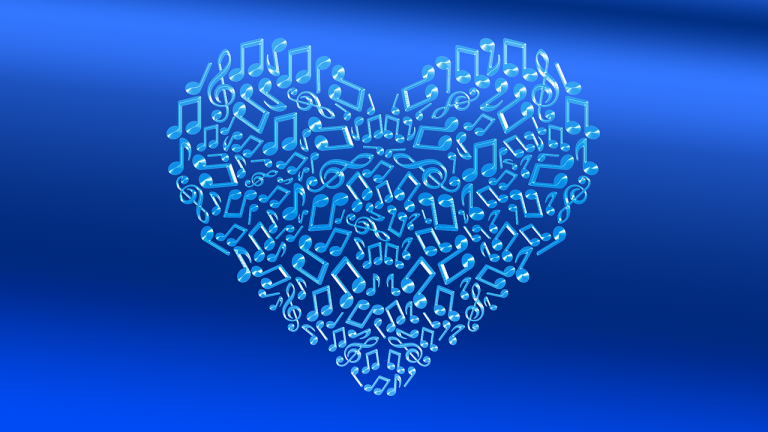 un coeur bleu avec des notes de musique a l'interieur